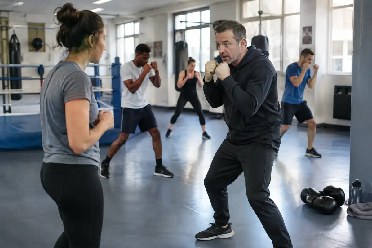 Un entraîneur montre la garde de boxe anglaise à une personne débutante pendant un cours d’essai sans contact.