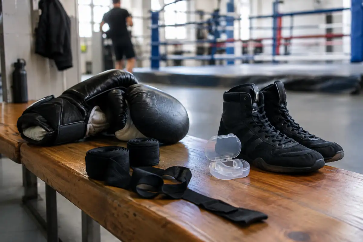 Gants de boxe anglaise, bandes, protège-dents et chaussures propres préparés pour une séance en club.