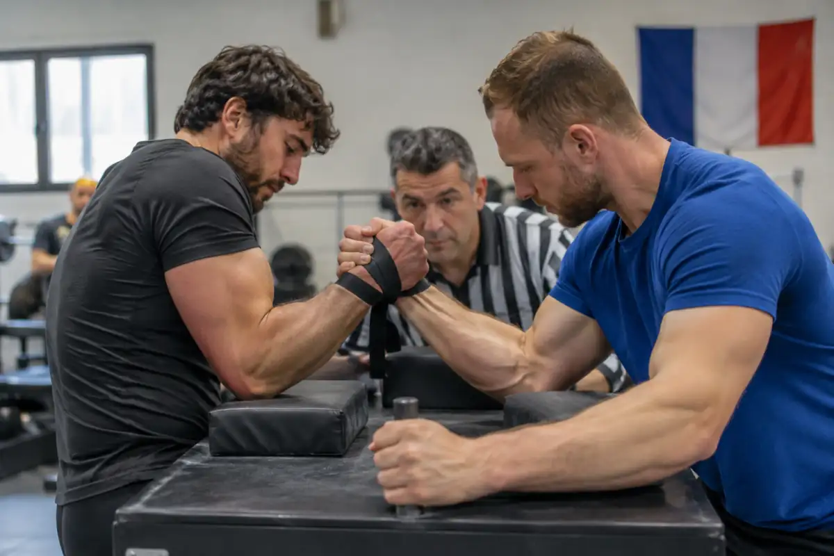 Deux athlètes disputent un bras de fer sportif sur une table réglementaire, sous le regard attentif d’un arbitre en salle.