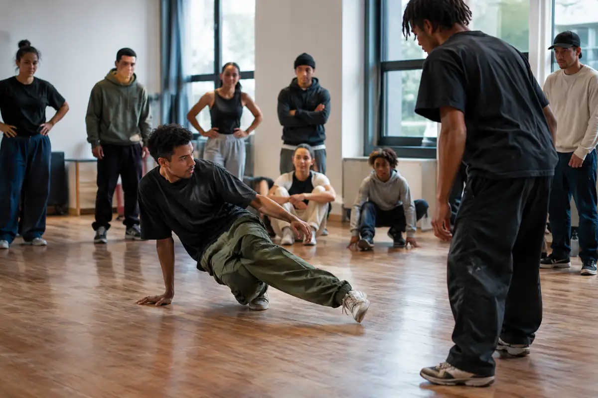 Un breaker réalise un jeu de jambes au sol pendant une battle de breaking dans une salle de danse.