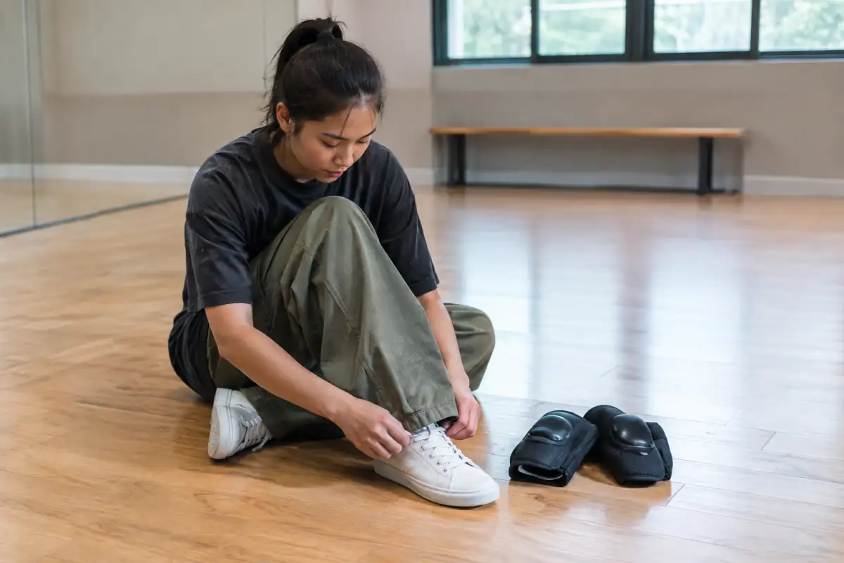 Chaussures de sport propres, pantalon souple et genouillères fines préparés pour une séance de breaking sur parquet.