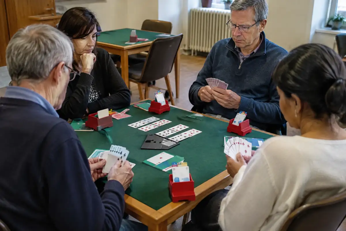Quatre joueurs disputent une donne de bridge en club, avec le mort étalé face visible et les cartes d’enchères sur la table.