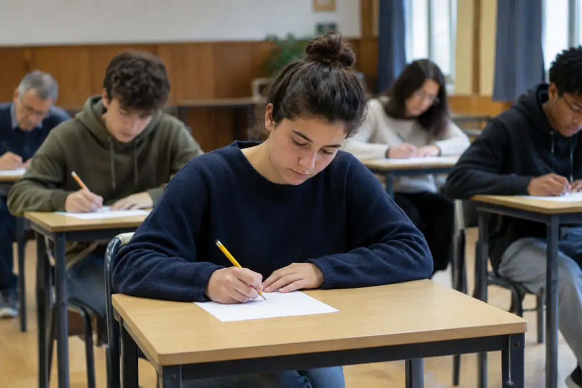 Participants concentrés sur une épreuve de calcul mental compétitif, répondant sur papier sans calculatrice dans une salle.
