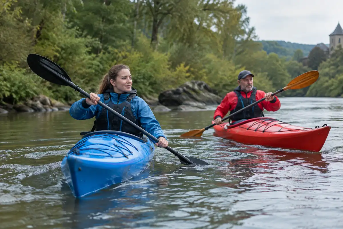 Deux pratiquants pagaient en kayak sur une rivière calme, équipés de pagaies doubles et de gilets d’aide à la flottabilité.