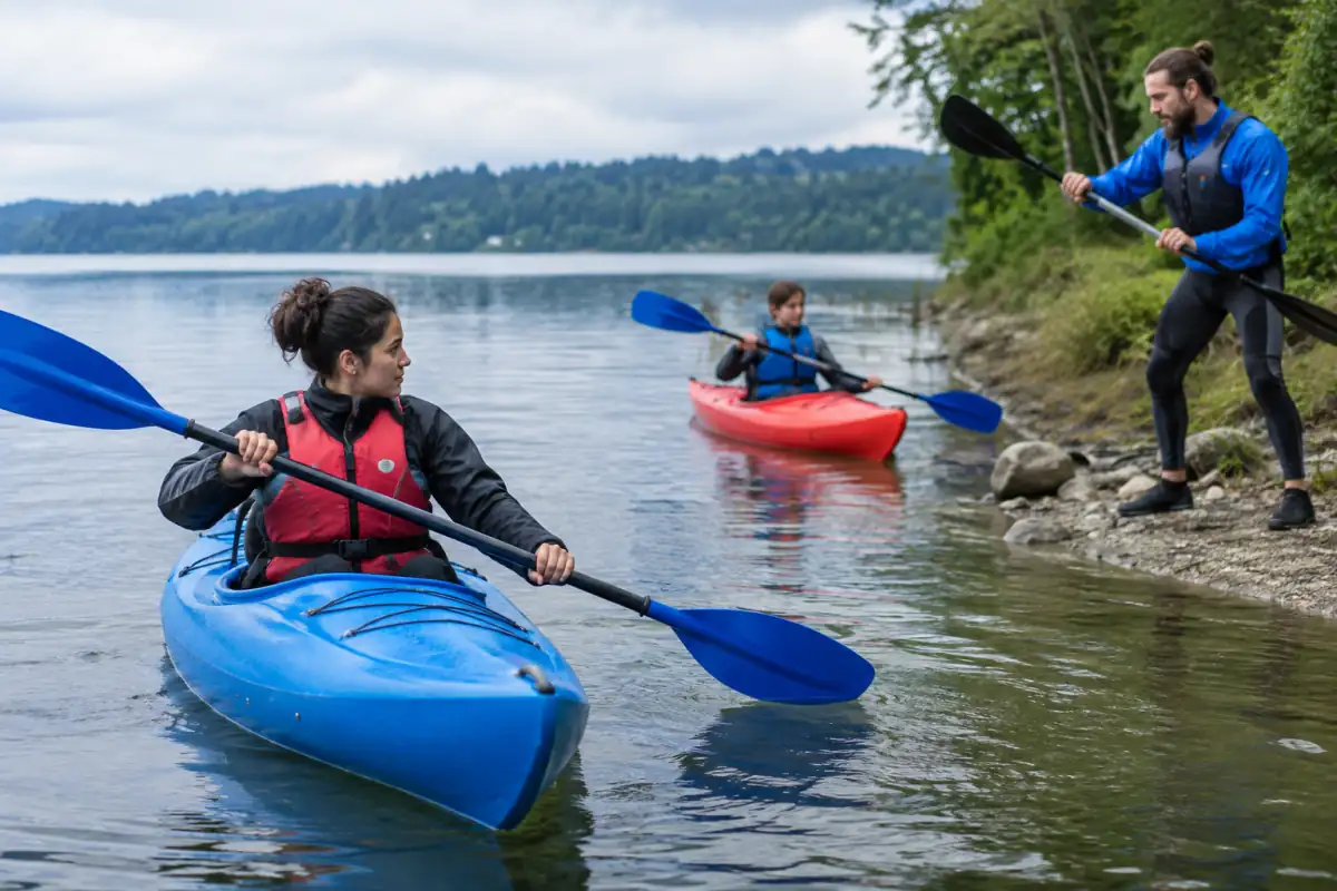 Un moniteur montre la prise de pagaie à une débutante en kayak sur un plan d’eau calme, gilet de flottabilité attaché.