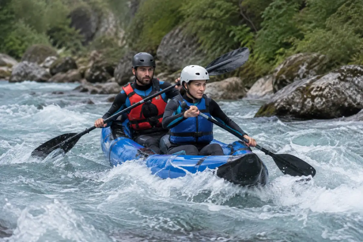 Deux pratiquants en canoë-raft biplace franchissent un rapide, équipés de casques, de gilets et de pagaies doubles.