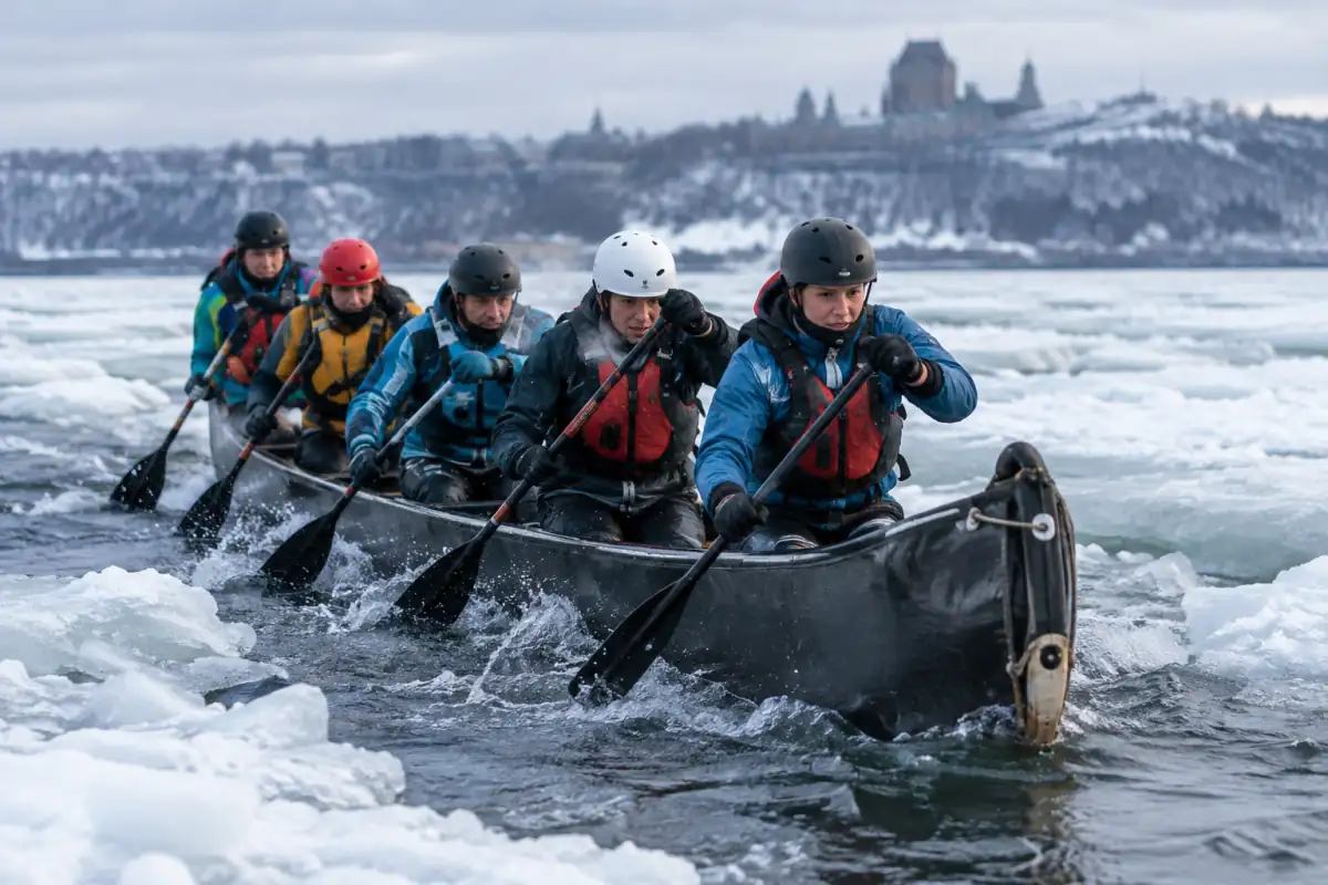 Équipage en canot à glace pagayant dans un chenal du Saint-Laurent, entre des plaques de glace, en tenue de sécurité hivernale.