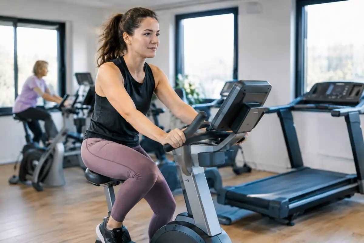 Une pratiquante pédale à allure modérée sur un vélo stationnaire dans une salle de cardio-training.