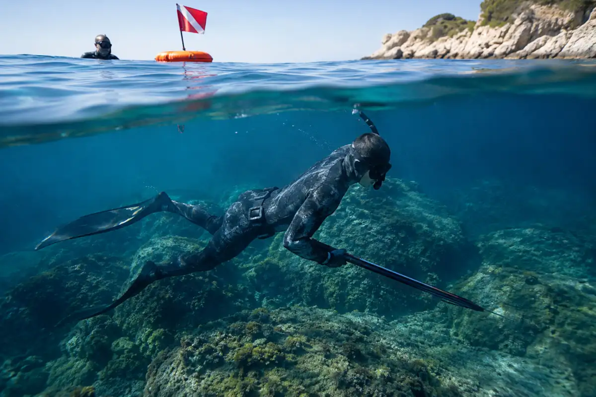 Chasseur sous-marin en combinaison et palmes près d’un fond rocheux, accompagné d’une bouée de signalisation en Méditerranée.