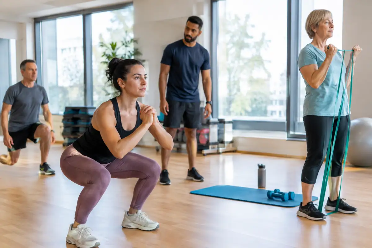 Un groupe réalise un circuit training en salle, avec haltères légers, tapis et exercices de renforcement encadrés.