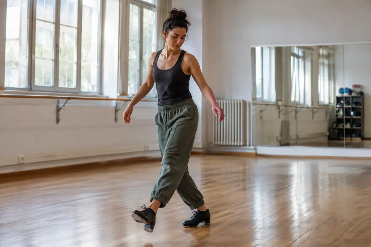 Danseur en chaussures à fers travaillant un pas de claquettes sur le parquet d’un studio de danse.