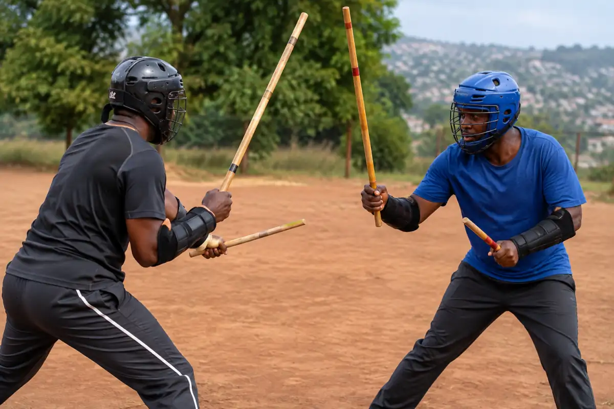 Deux pratiquants s’affrontent au bâton nguni sur un terrain extérieur, avec bâtons de combat et protections.