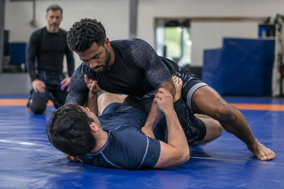 Deux adultes en rashguard travaillent le contrôle au sol lors d’un entraînement de combat wrestling dans une salle de lutte.