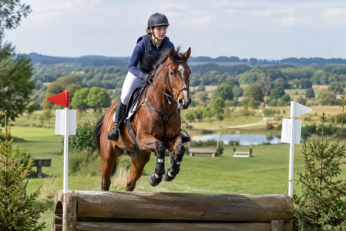 Un cavalier équipé franchit un obstacle de cross à cheval lors d’une épreuve de concours complet d’équitation.