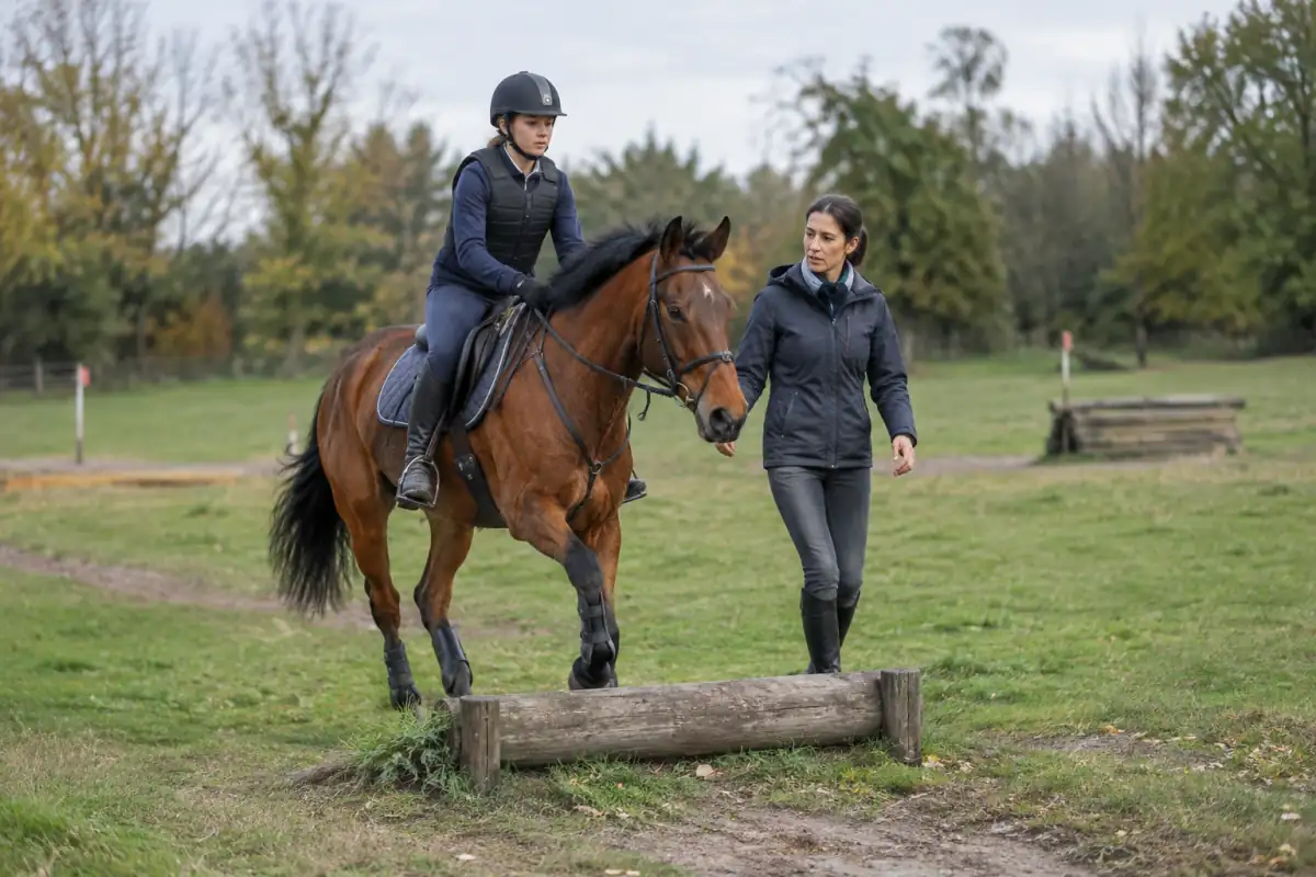 Un cavalier débutant franchit un petit obstacle fixe sur un terrain de cross, sous la supervision de son enseignant.