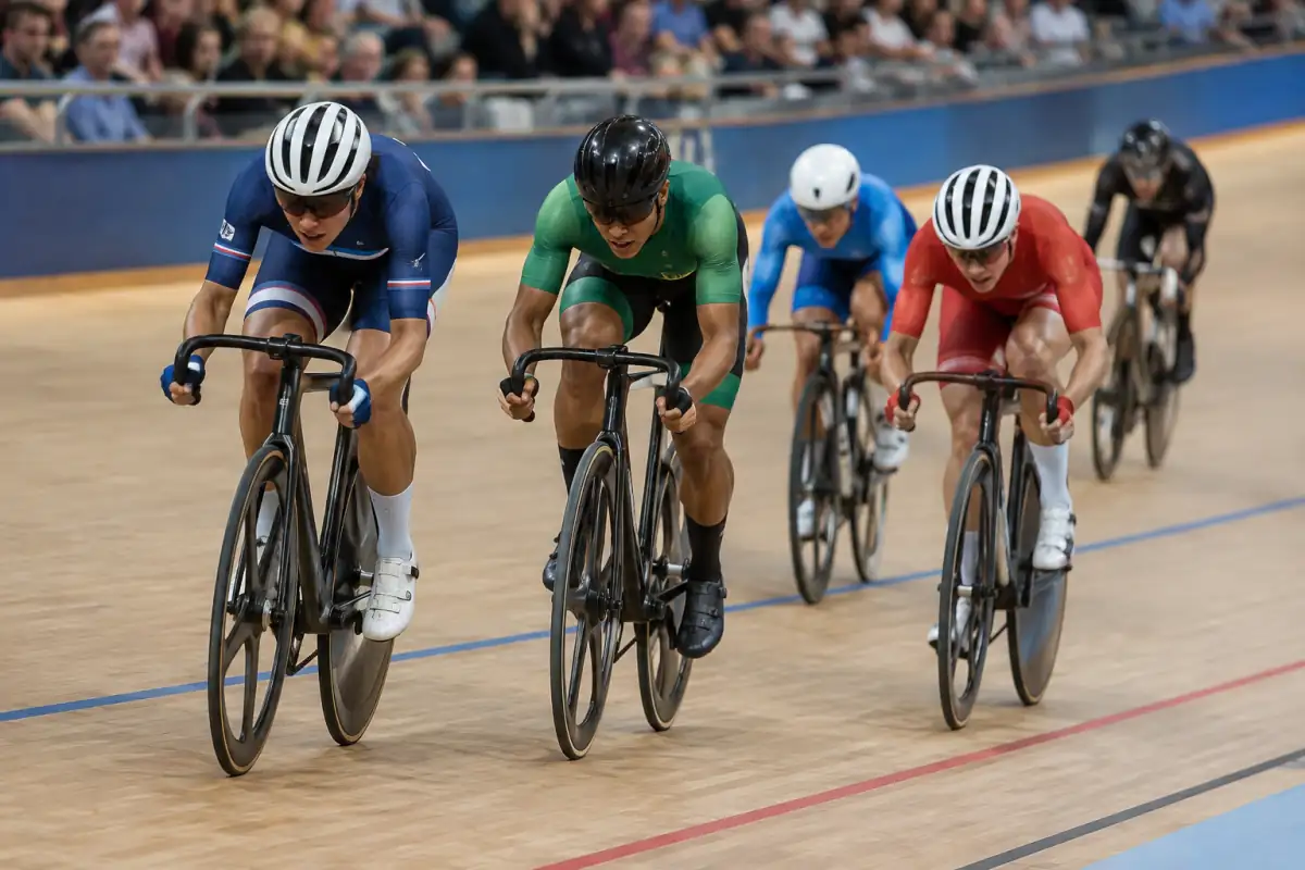 Peloton lancé dans une course à l’élimination sur piste en bois, au moment d’un sprint intermédiaire dans un vélodrome.