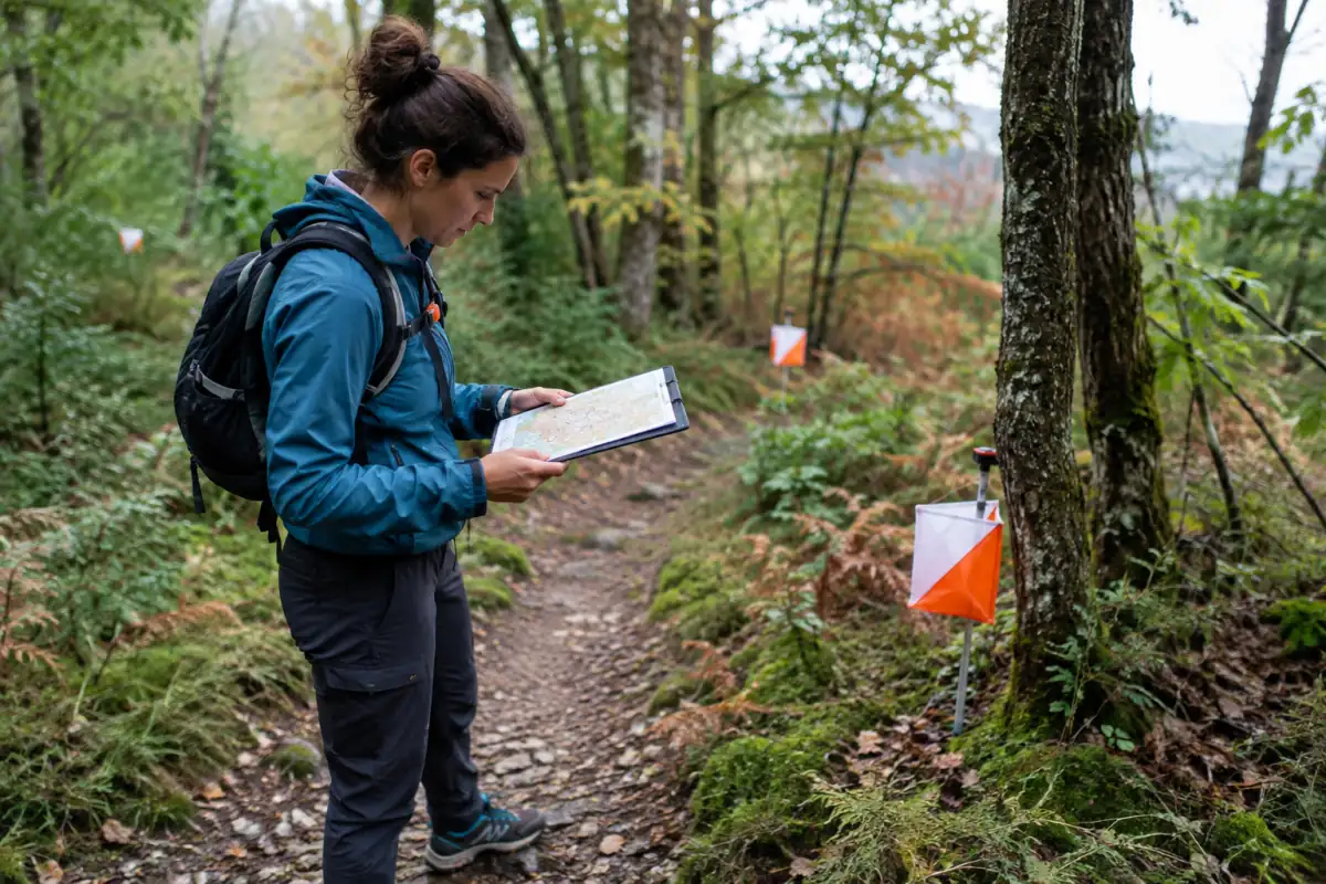 Course d’orientation de précision : une participante compare sa carte aux balises orange et blanches visibles depuis un chemin forestier.