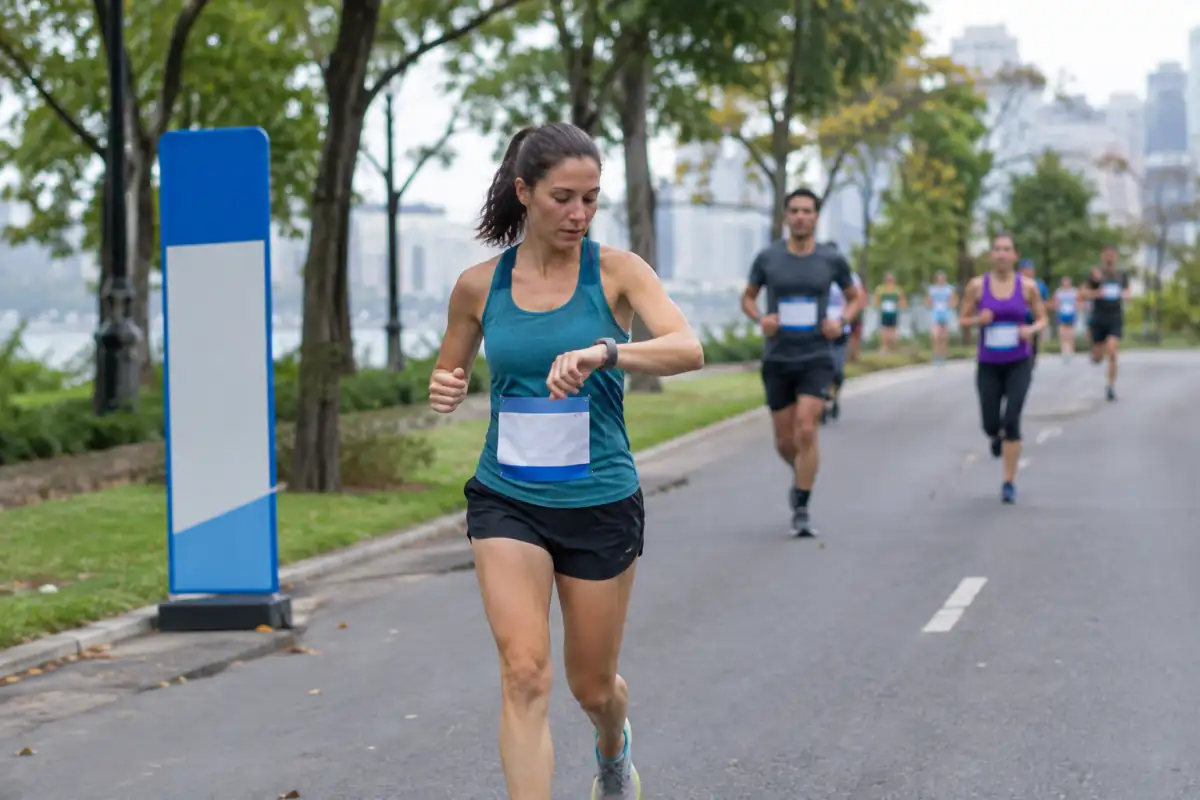 Un coureur maintient une foulée relâchée sur 10 km en consultant sa montre près d’une borne kilométrique.