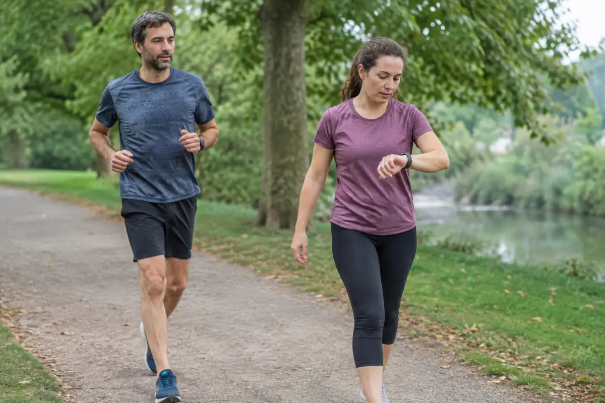 Une personne débutante alterne jogging lent et marche sur un chemin plat, dans une posture détendue et sans rechercher la vitesse.