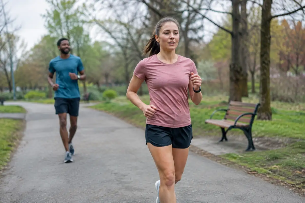 Coureuse à l’entraînement sur un chemin de parc, épaules relâchées, pendant une séance de fractions contrôlées pour préparer un 10 km.