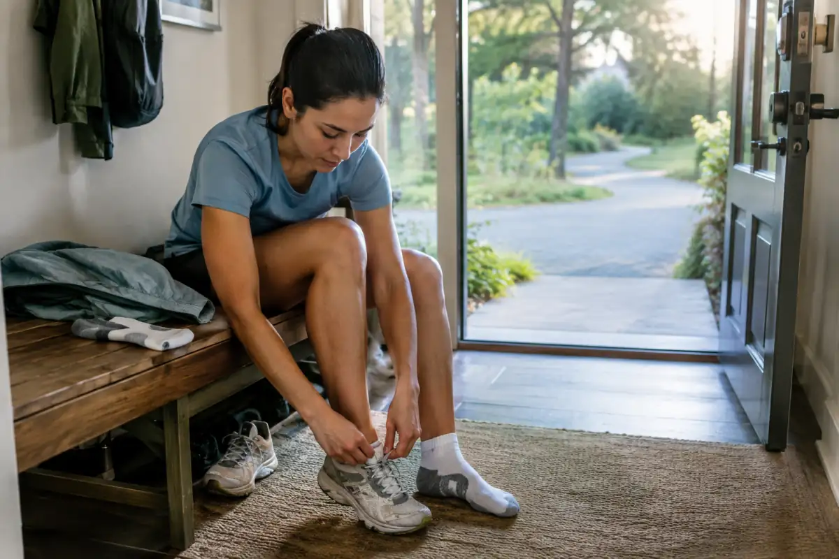 Un coureur débutant vérifie le laçage de ses chaussures de route avant un 10 km, avec ses chaussettes et sa tenue respirante.