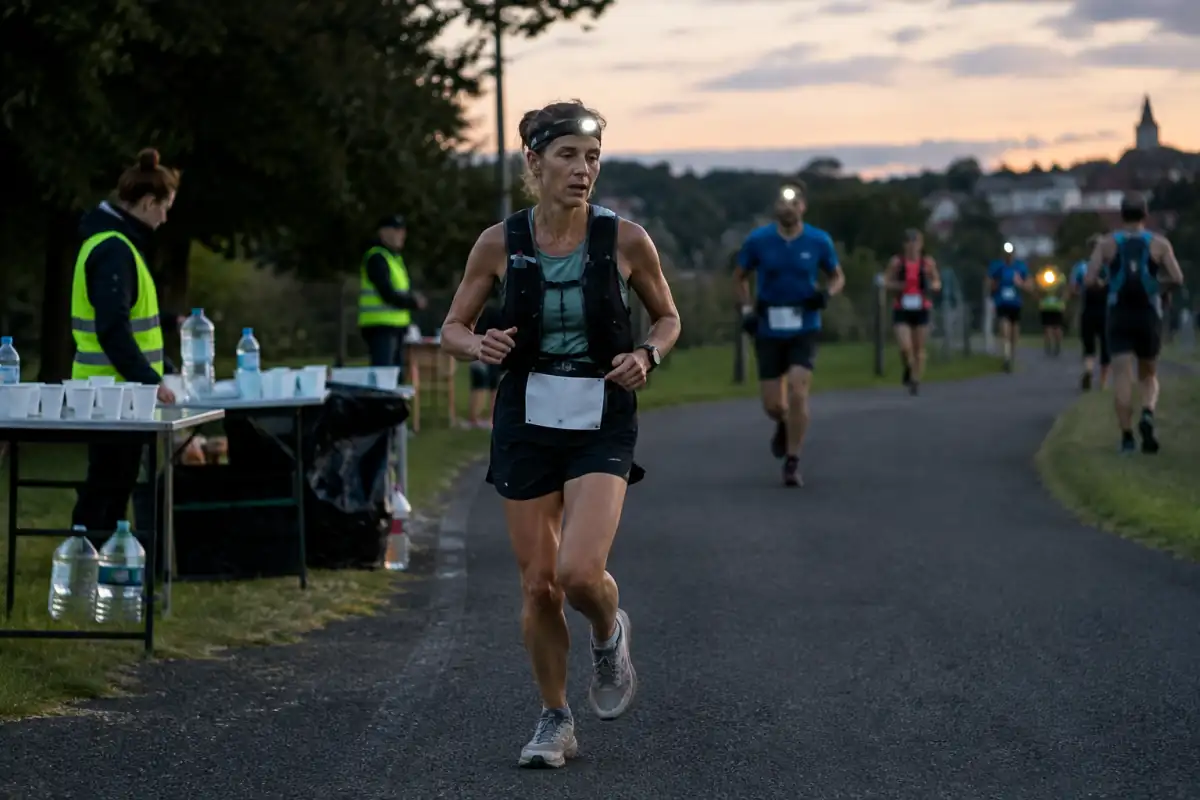 Coureur participant à une course de 24 heures sur une boucle balisée, avec une lampe frontale et un poste de ravitaillement en arrière-plan.