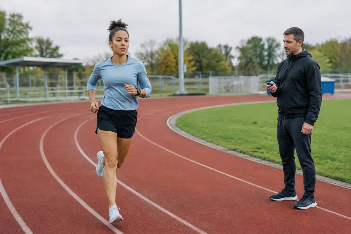 Coureur débutant réalisant une répétition contrôlée sur la piste, dans une séance d’entraînement pour progresser sur 5 000 mètres.