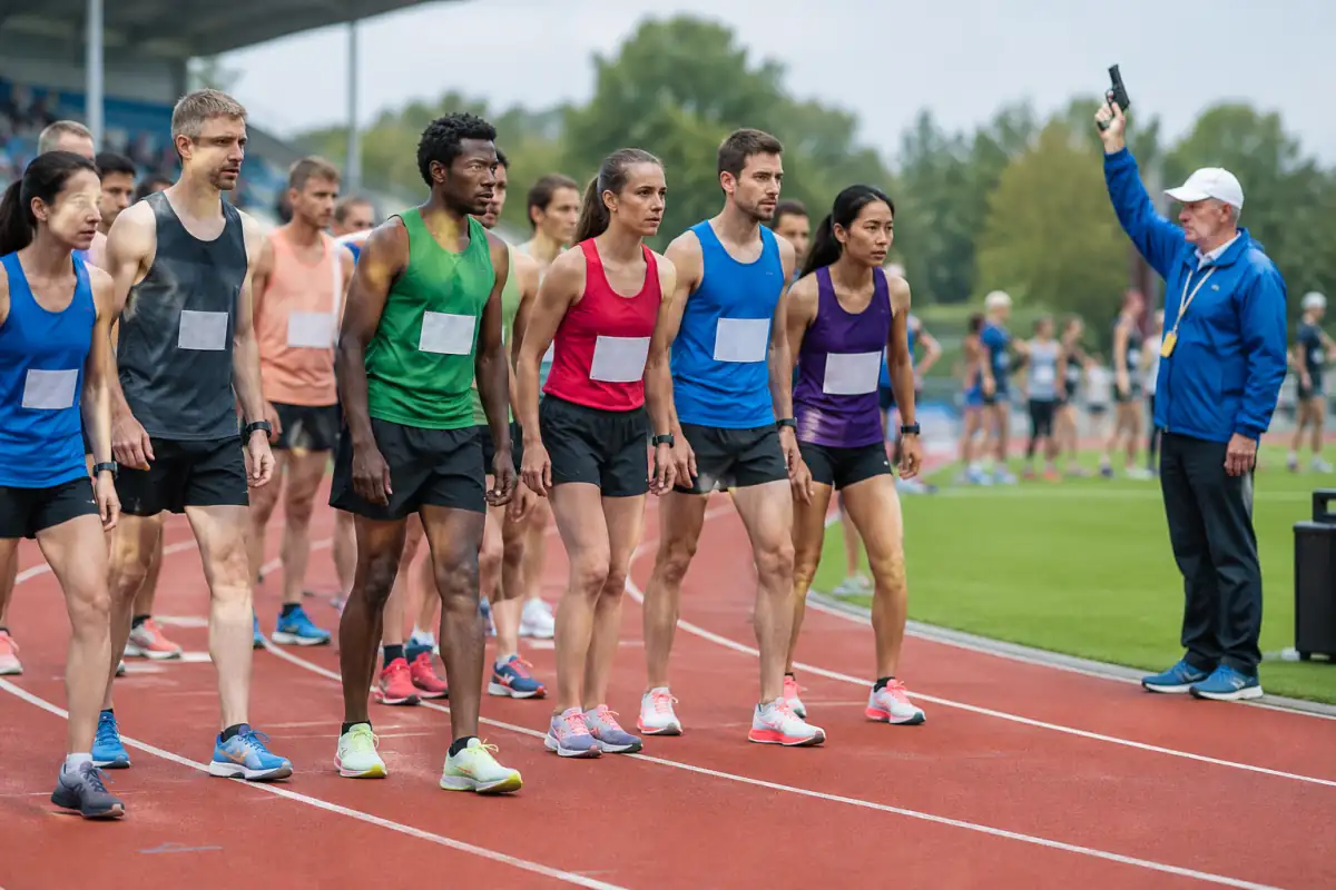 Coureurs debout derrière la ligne incurvée d’un départ de 5 000 m sur piste, sans starting-blocks, tandis qu’un officiel se prépare.
