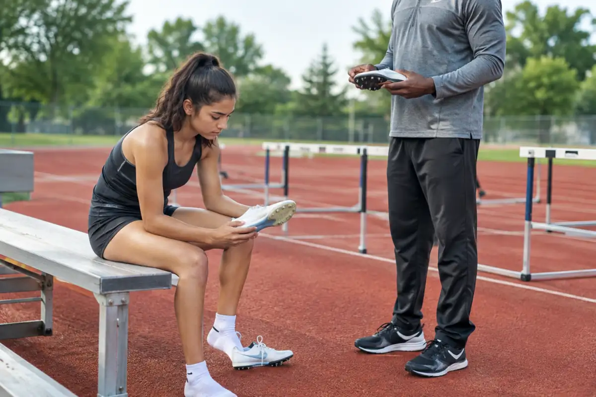 Une athlète vérifie l’ajustement de ses pointes de sprint près de haies réglables sur une piste d’athlétisme.