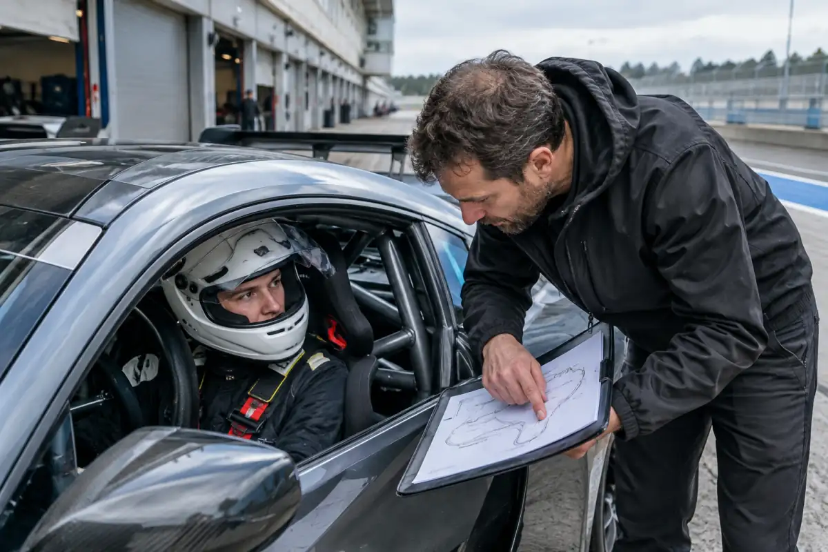 Un instructeur explique le plan du circuit à un pilote débutant installé dans une voiture GT à l’arrêt dans la voie des stands.