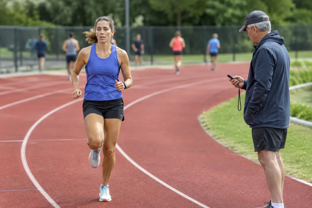 Coureur amateur contrôle son passage sur une piste de 400 mètres pendant qu’un entraîneur observe son allure au chronomètre.