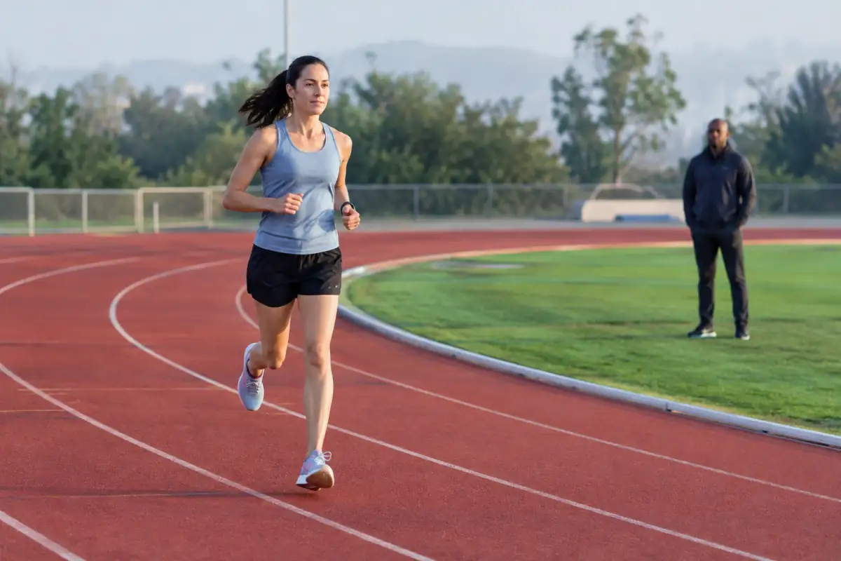 Coureur réalisant une accélération progressive sur une piste d’athlétisme, geste relâché et posture droite.