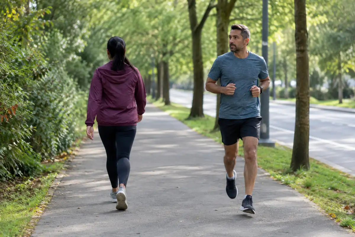 Débutant alternant course lente et marche sur un parcours plat et dégagé, au bord d’une route peu fréquentée.