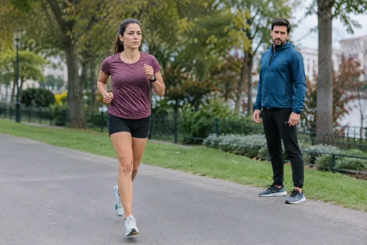 Coureur sur une route plate, épaules relâchées et posture naturelle pendant un exercice de foulée