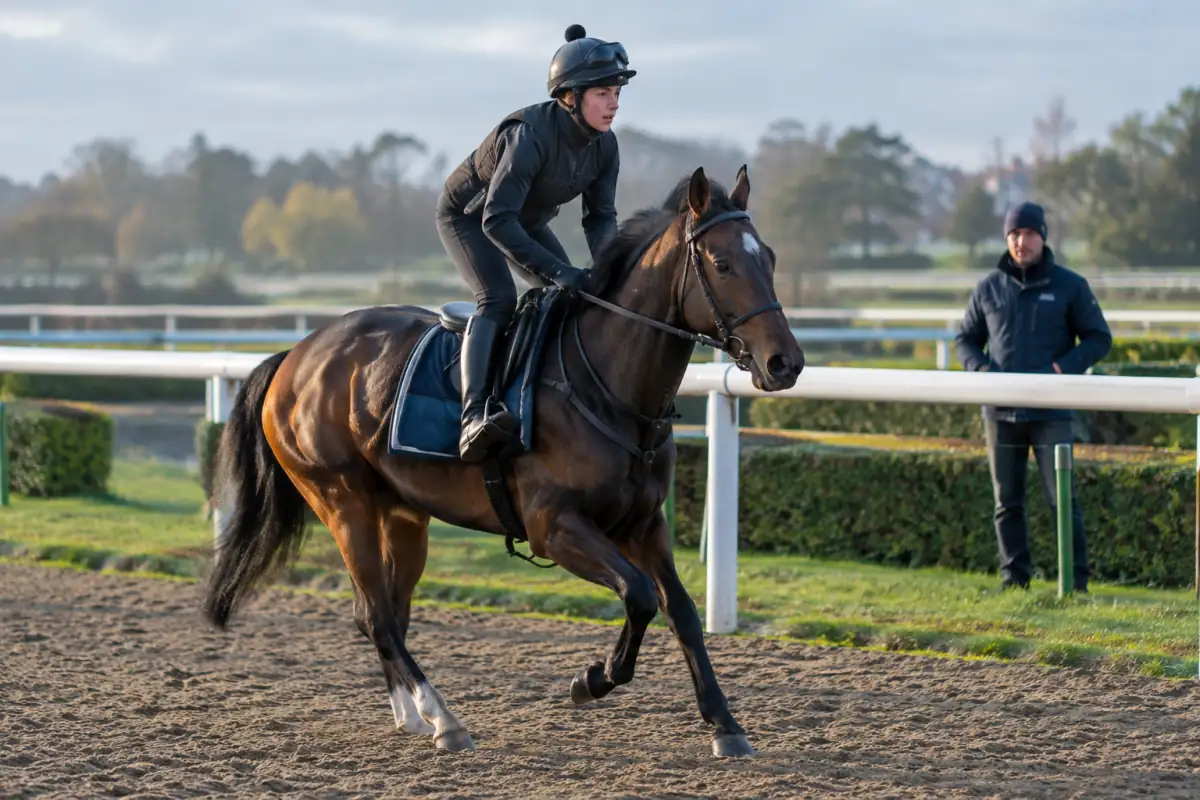 Jockey en position équilibrée sur un cheval au galop contrôlé, observé par un entraîneur sur une piste d’entraînement.
