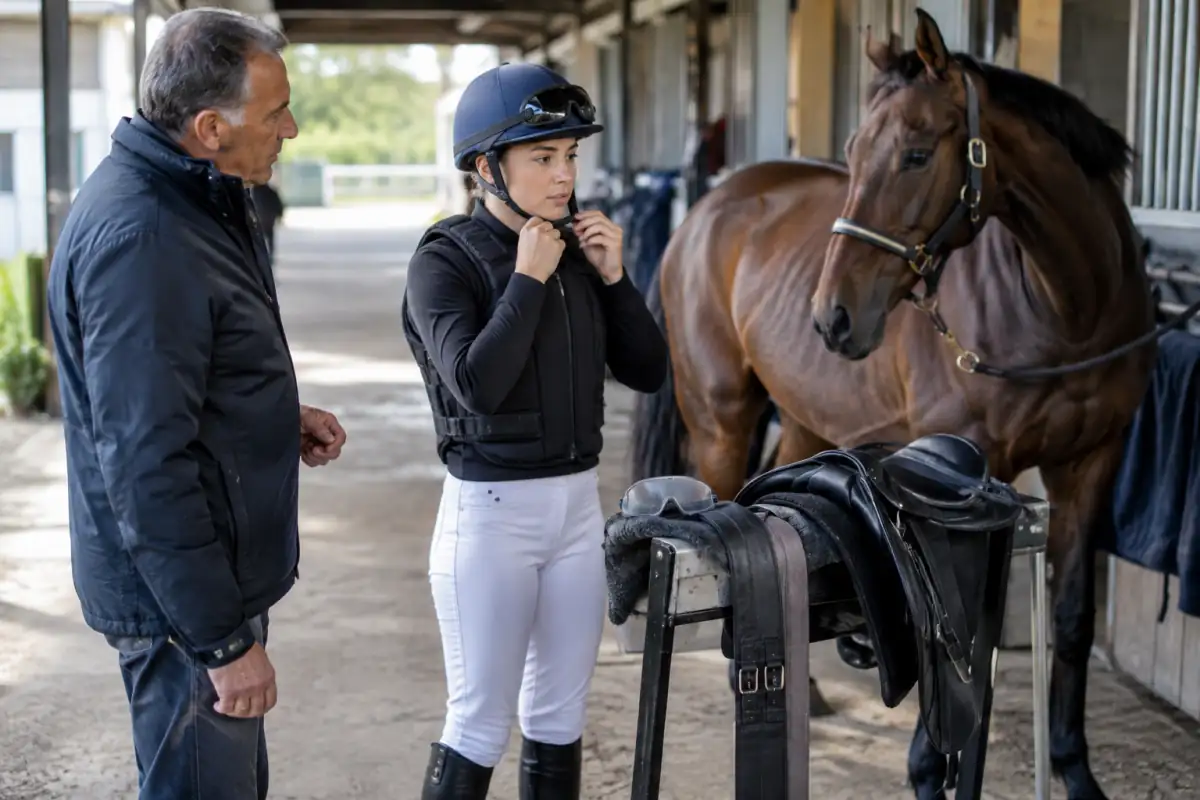 Un jockey débutant vérifie son casque et son gilet près d’une selle de course, sous le regard de son entraîneur.