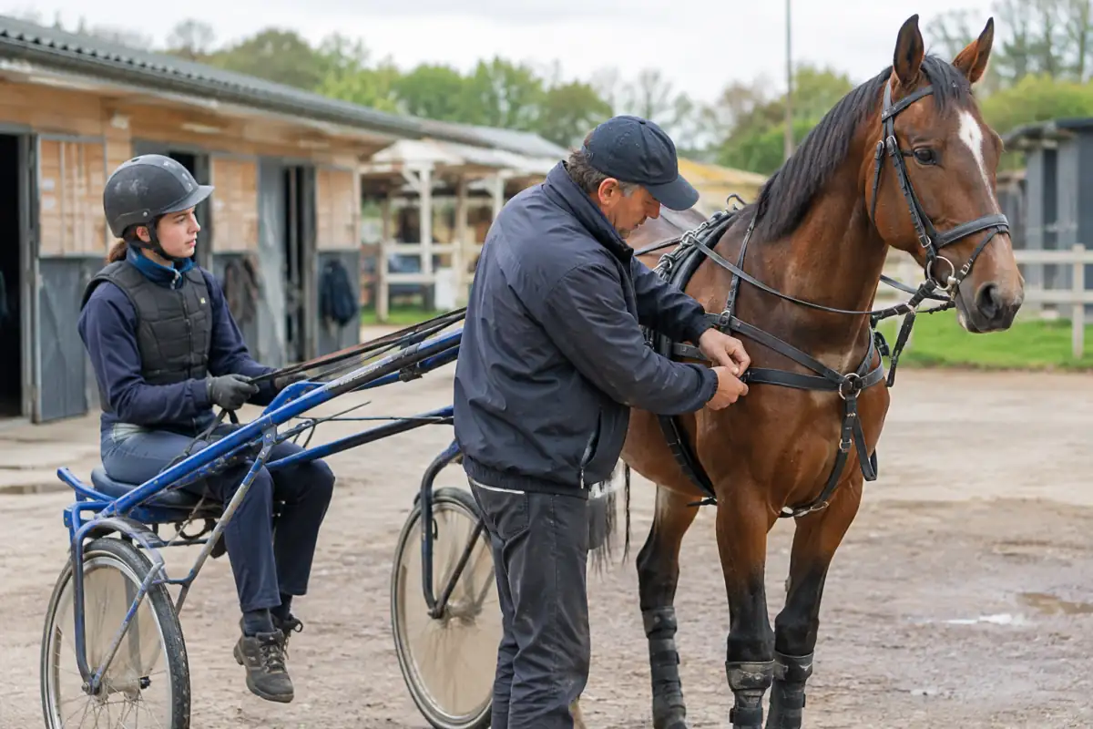 Un sulky et un harnais contrôlés à l’écurie, avec un driver équipé d’un casque d’équitation et d’un gilet de protection.