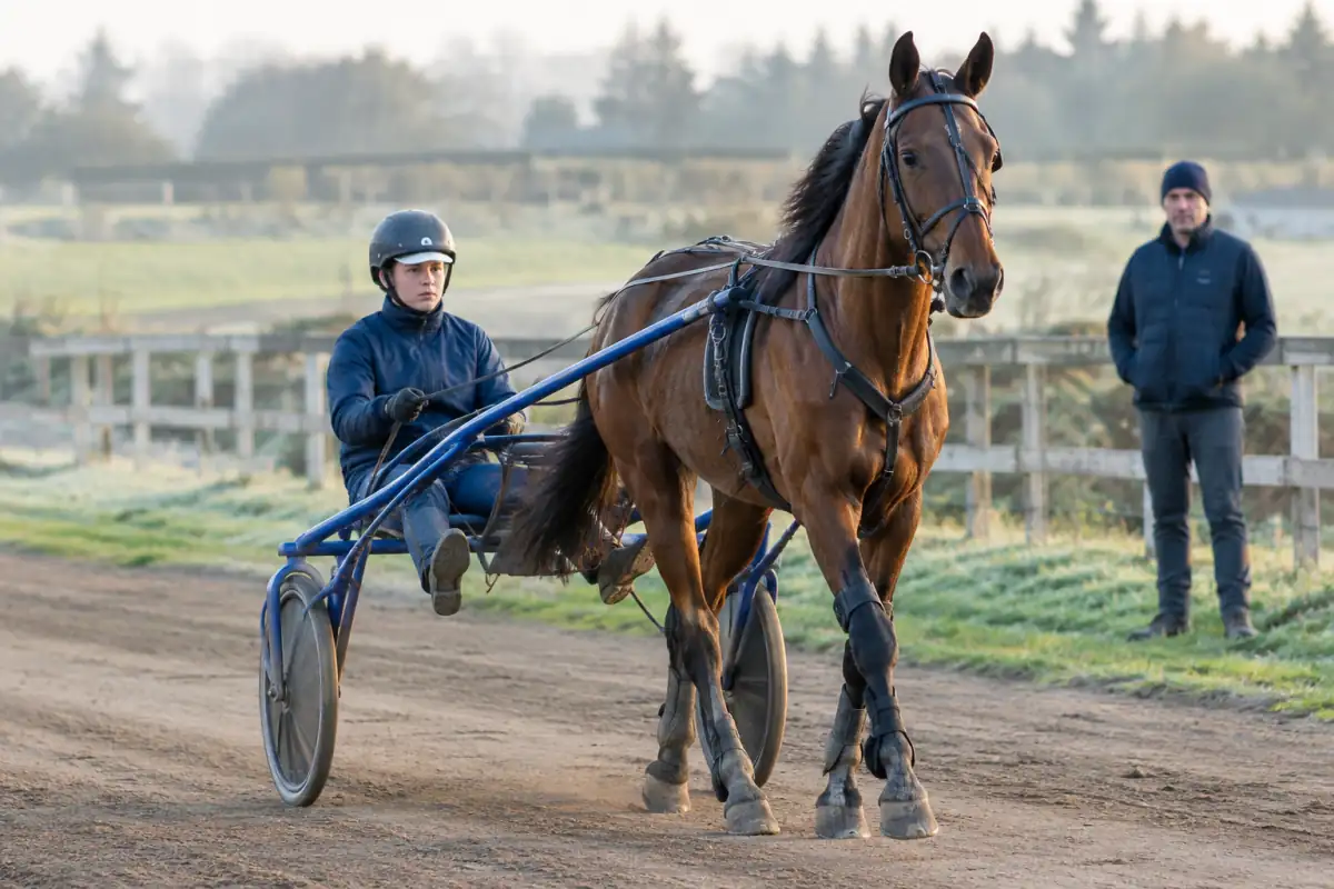 Un apprenti driver conduit un trotteur en sulky sur une piste d’entraînement, sous la supervision d’un professionnel.