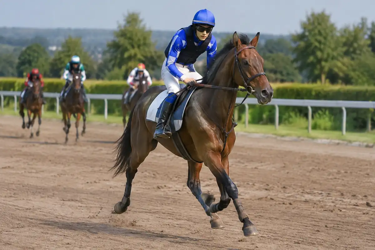 Jockey en selle sur un trotteur au milieu d’une course de trot monté sur une piste d’hippodrome.