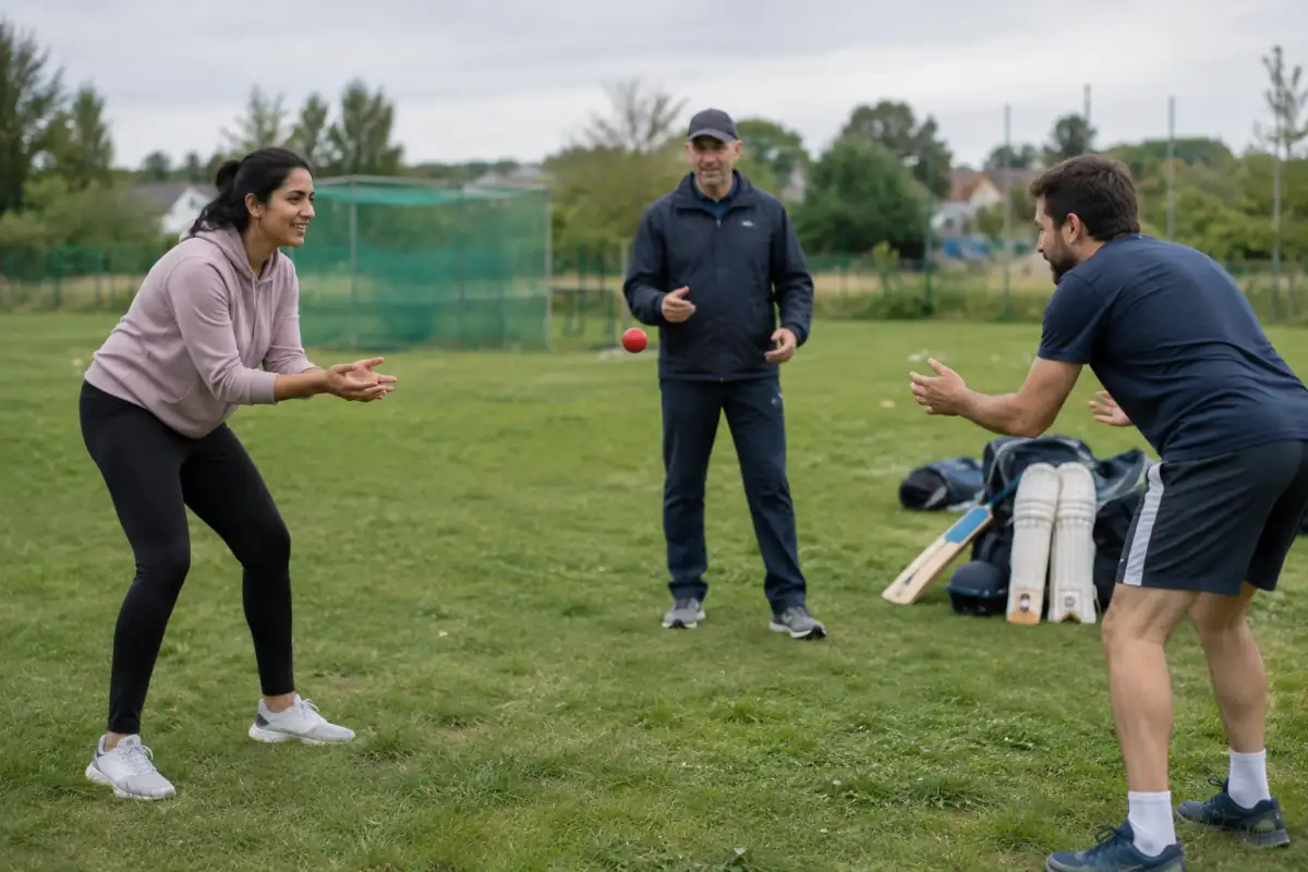 Deux débutants en tenue de sport s’exercent à réceptionner une balle souple sur un terrain de cricket, sous l’œil d’un entraîneur.