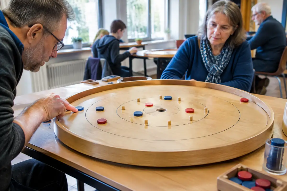 Partie de crokinole sur un plateau en bois : un joueur propulse un disque vers la zone centrale et les pièces adverses.