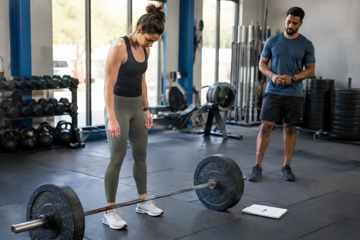 Débutant en CrossFit notant sa séance de force sous la supervision d’un coach, dans une salle fonctionnelle.