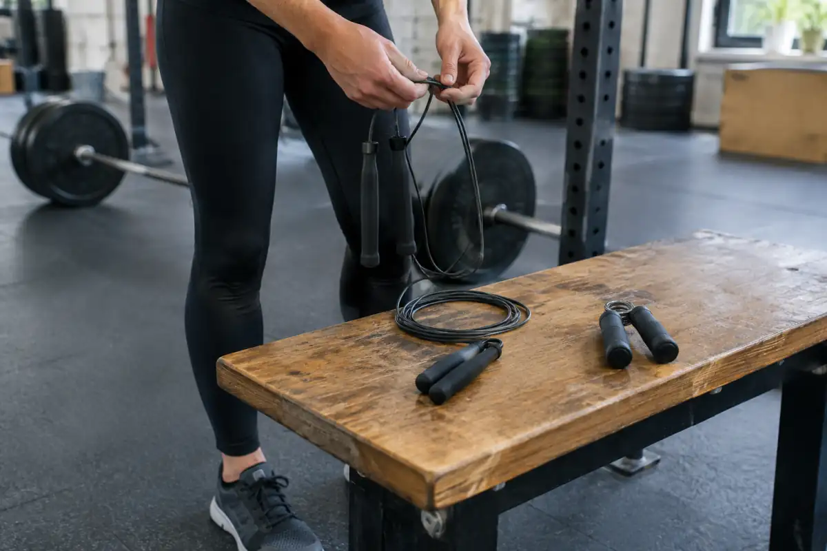 Chaussures de training, corde réglable et grips disposés dans une salle de CrossFit avant un cours pour débutants.