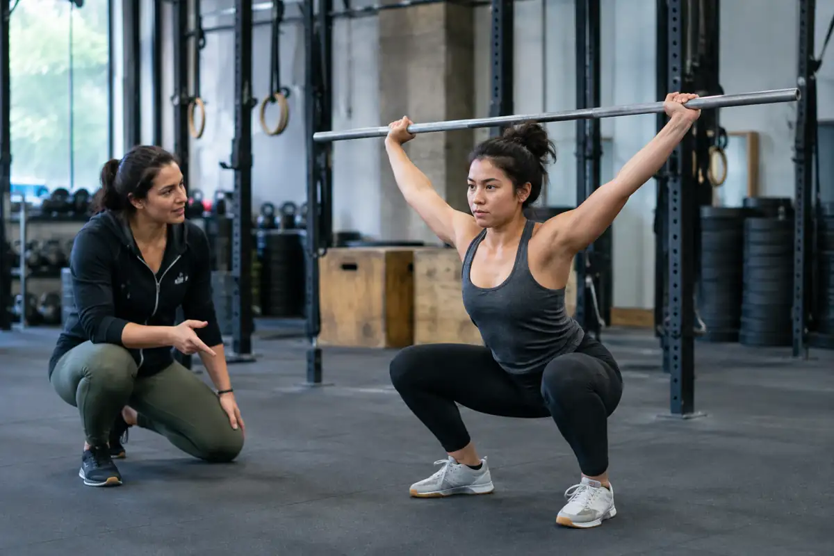 Une athlète apprend la réception de l’arraché avec une barre légère, tandis qu’un coach observe ses appuis et ses bras.