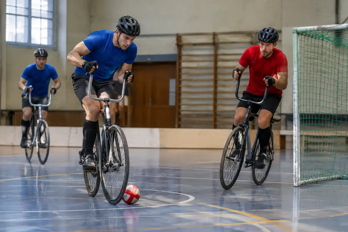 Deux joueurs de cycle-ball conduisent le ballon à vélo dans un gymnase bordé de bandes.
