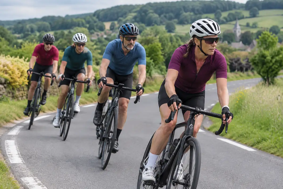 Des cyclistes en tenue et casque roulent en groupe sur une route de campagne, l’un prenant un relais à l’avant.