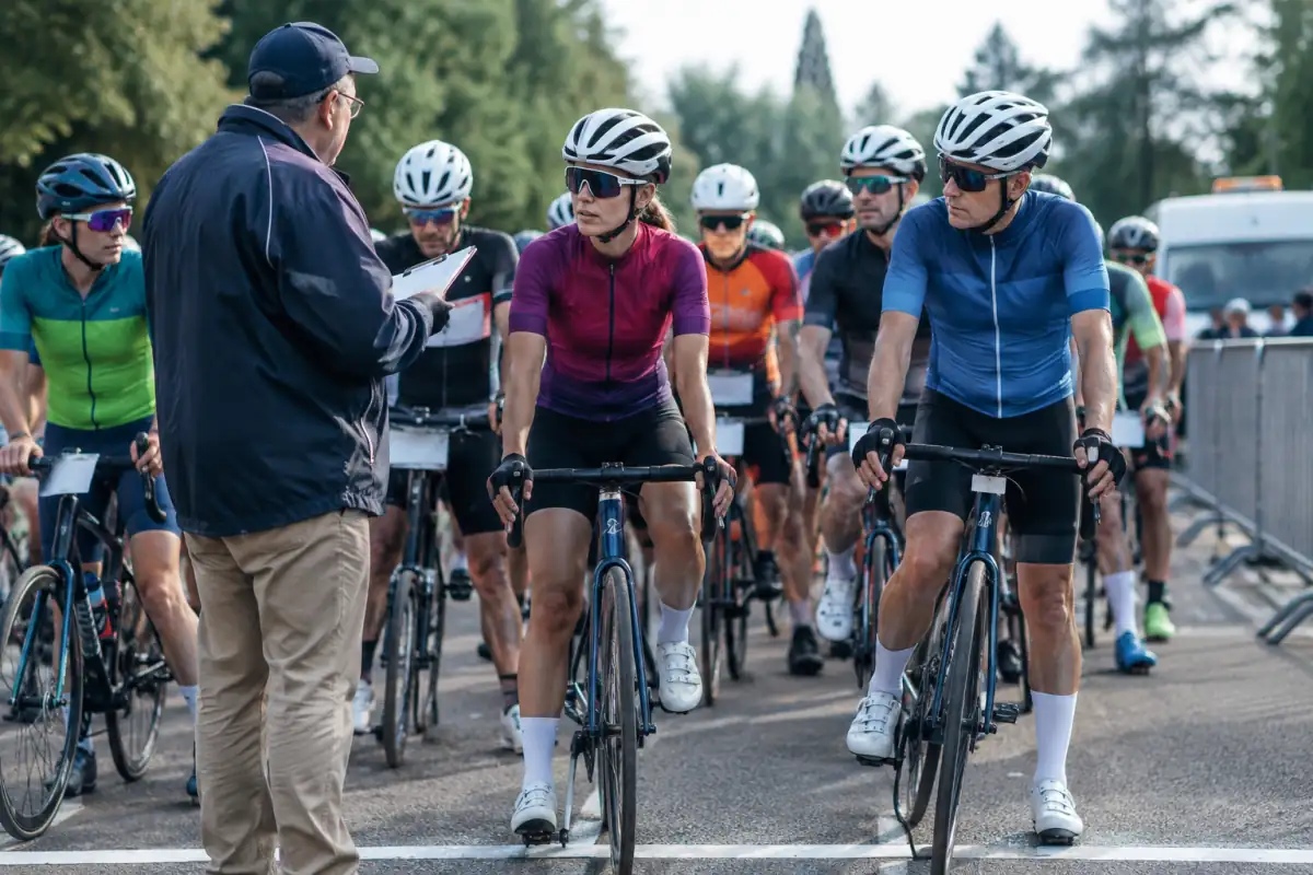 Des coureurs attendent le départ d’une course sur route pendant qu’un commissaire vérifie les dossards et donne les consignes.