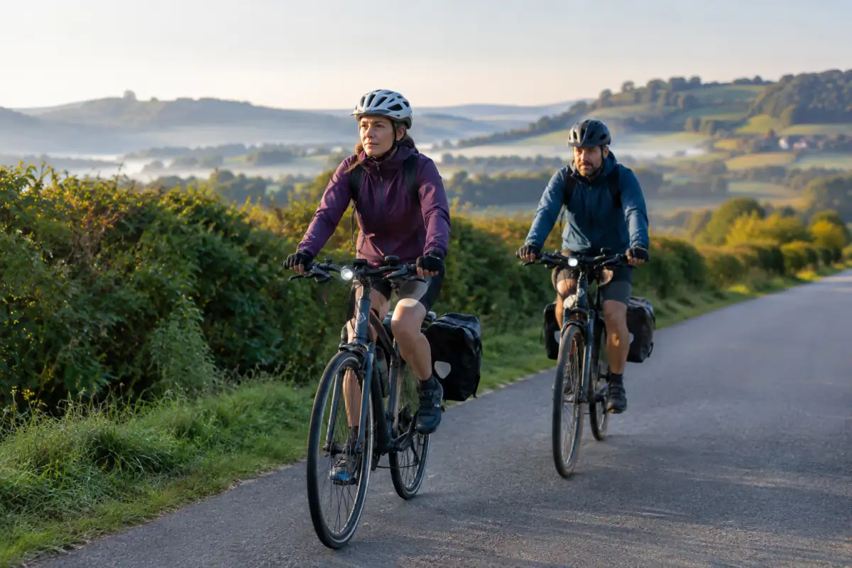 Deux cyclotouristes casqués pédalent sur une route de campagne française avec des vélos équipés de sacoches arrière.