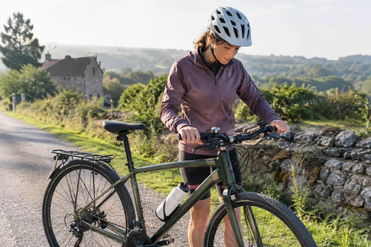 Une personne débutante vérifie la hauteur de selle et les freins de son vélo polyvalent avant une première boucle.