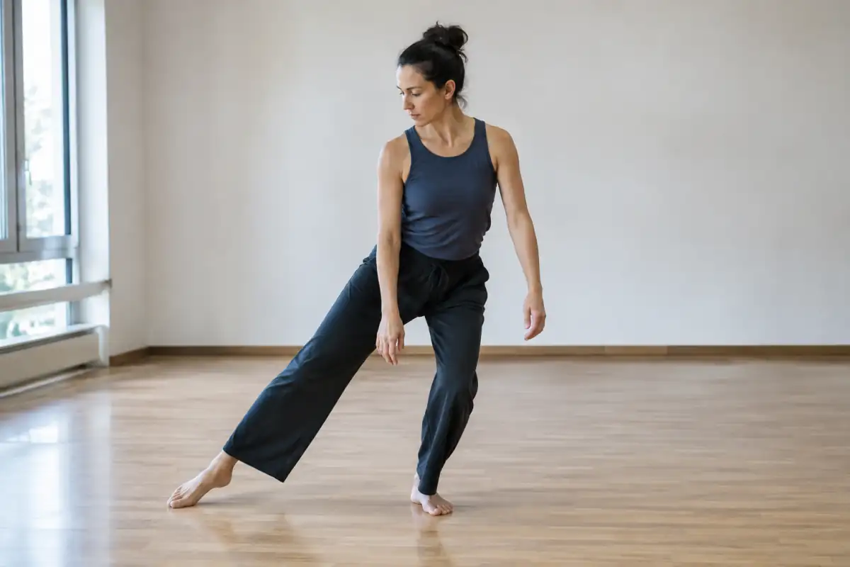 Danseuse débutante travaillant un transfert de poids latéral, genoux souples et bassin au-dessus du pied d’appui.